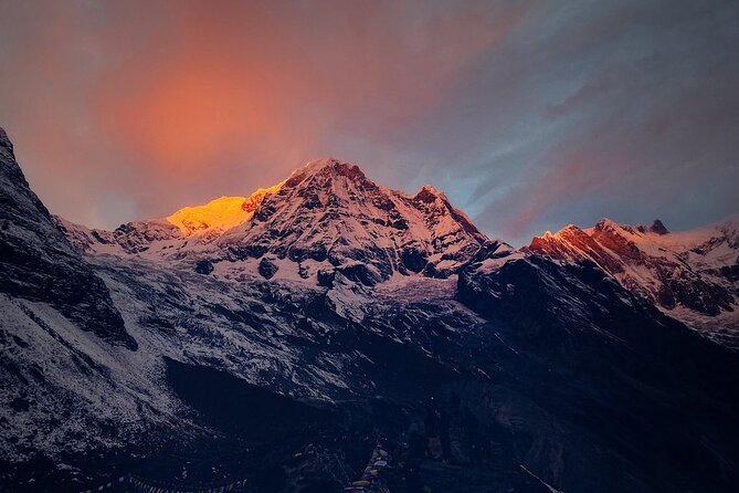 First light on the Annapurna massif above the Marsyangdi valley